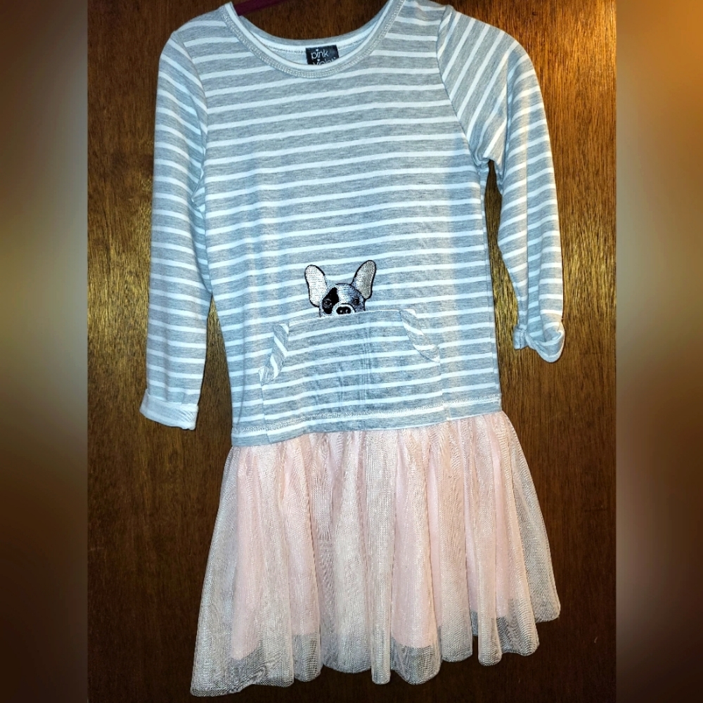 Gray and White Striped Pocket Dress with Puppy Peeking Out!